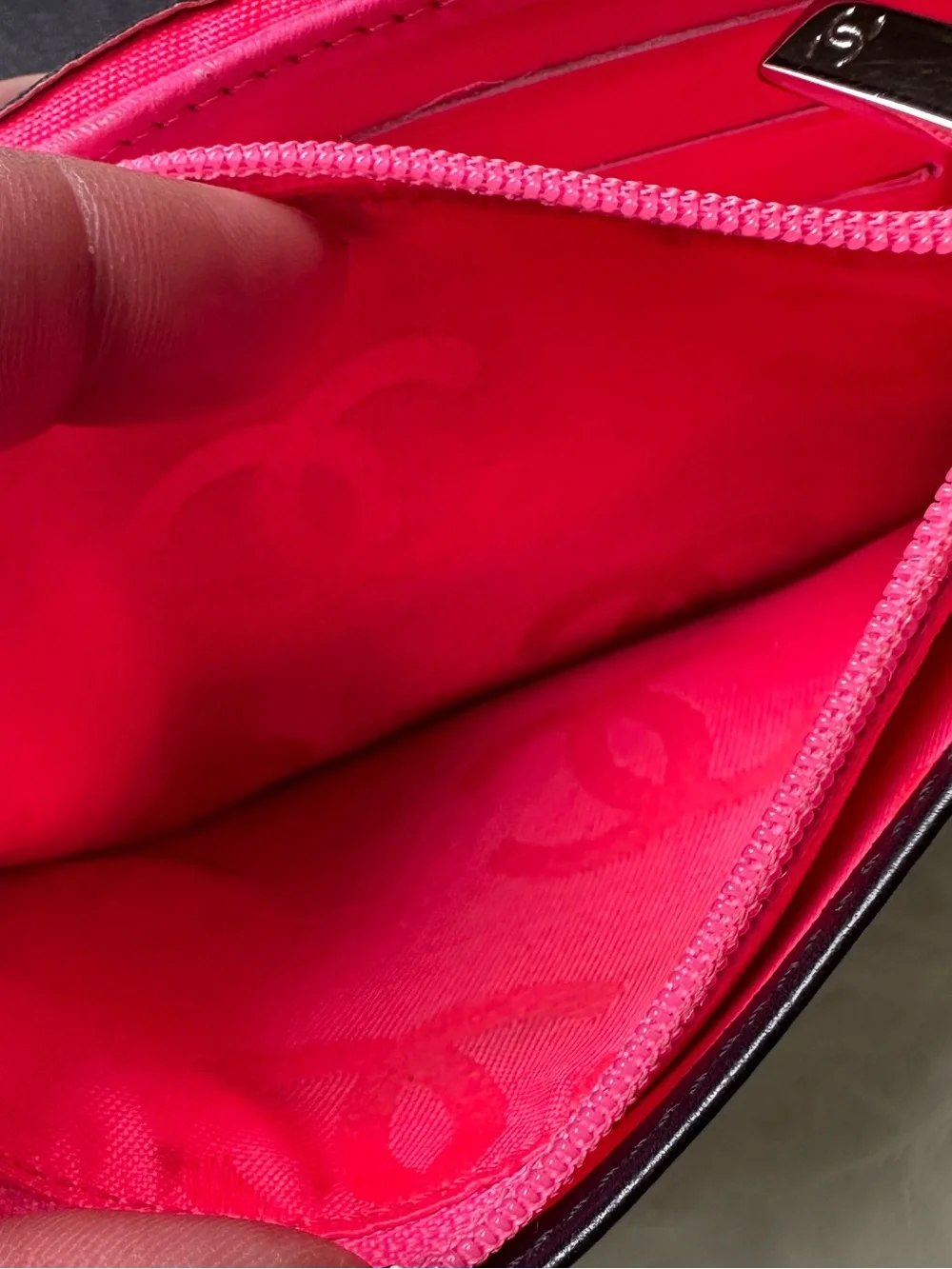 CHANEL Cambon Ligne Black Lambskin Long Wallet White CC Pink Interior